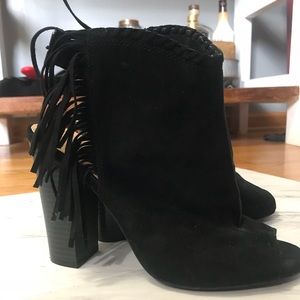Peep toe suede ankle bootie with fridge